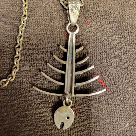 Sterling Silver Unisex Fish bone necklace 1960s marked Taxco Mexico 925 FC - Picture 5 of 8
